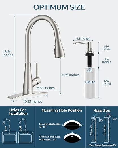 FORIOUS Kitchen Faucet with Soap Dispenser, Pull Down Sprayer, Brushed Nickel Modern High Arc Stainless Steel Faucet for Kitchen Sink, Single Handle for 1 or 3 Hole Decks RV Bar Farmhouse Laundry
