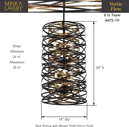Minka Lavery 4672-111 Vortic Flow Pendant, 6-Light, 360 Total Watts, 14-in H x 24-in W, Dark Bronze with Mosaic Gold Interior