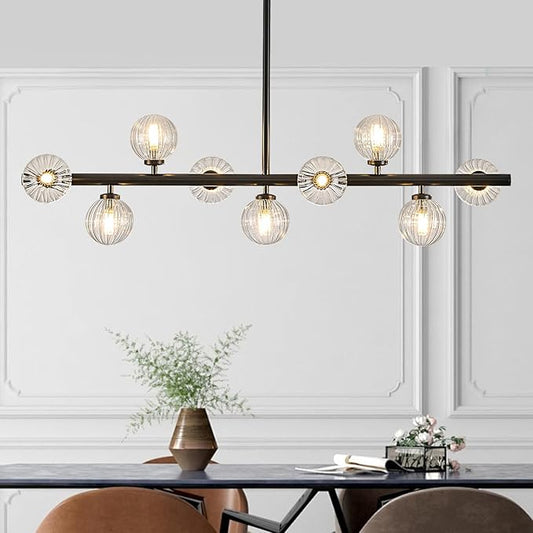 Mid Century Modern Glass Globe Sputnik Chandelier, 9-Light Linear Chandeliers for Dining Room, Kitchen Island, Living, Dining Room Light Fixture Over Table, Black and Clear Bubble, 40 Inch