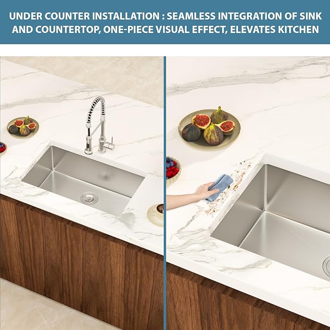 28 Inch Undermount Kitchen Sink Single Bowl 18 Guage Stainless Steel 28"x18"x9" Deep Under Counter Kitchen Sinks Basin R10 Round Corners Handmade Sink