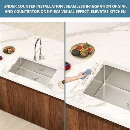 28 Inch Undermount Kitchen Sink Single Bowl 18 Guage Stainless Steel 28"x18"x9" Deep Under Counter Kitchen Sinks Basin R10 Round Corners Handmade Sink