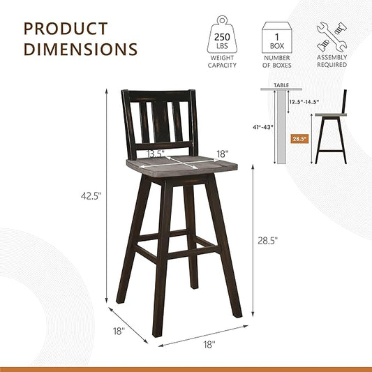 Lexicon Bar Height Bar Stools Set of 2-Solid Wood Frame 360° Swivel Wooden Stools, Foot Rest, Slat Back, Wide Seat, Distressed Farmhouse Easy to Clean Finish, 28.5" SH, Antique Black/Grey