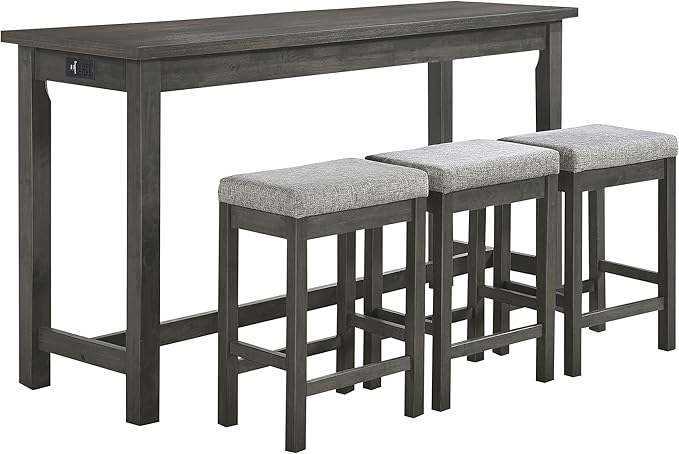 Lexicon Oreille Bar Table with Stools Set, Modern Console Table with Stools - 4-Piece Set with 2 USB Ports & A/C Power Outlets, Counter Height, Discrete Drawer, Perfect Dining Room & Kitchen Gray