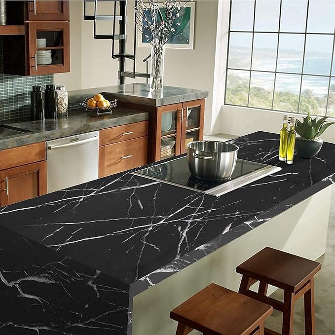 practicalWs 11.8"×78.7" Black Marble Contact Paper Matte Peel and Stick Kitchen Countertops Paper Black and White Self Adhesive Removable Waterproof Wallpaper for Cabinet Covers
