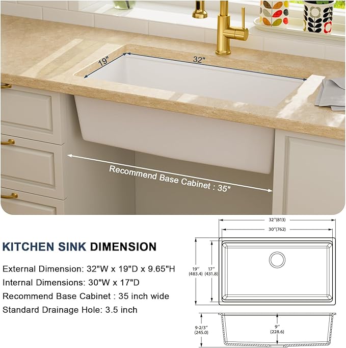 Lordear 32 Inch White Granite Composite Kitchen Sink 32x19 Inch Workstation Quartz Undermount Kitchen Sinks Under Counter Single Bowl