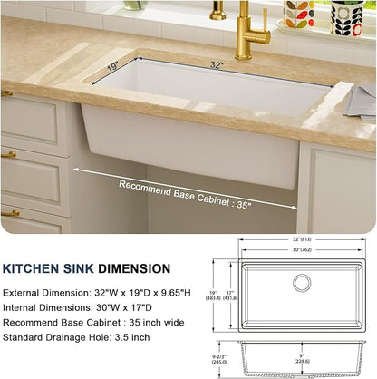 Lordear 32 Inch White Granite Composite Kitchen Sink 32x19 Inch Workstation Quartz Undermount Kitchen Sinks Under Counter Single Bowl