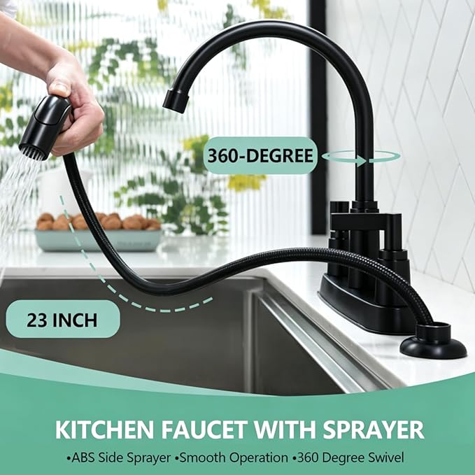 Modern 2 Handle Kitchen Sink Faucet with Side Sprayer, High Arc 360 Swivel Stainless Steel 3 or 4 Hole Kitchen Faucet for Rv Camper Laundry Utility Bar Sinks, Matte Black