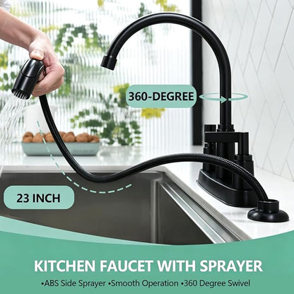 Modern 2 Handle Kitchen Sink Faucet with Side Sprayer, High Arc 360 Swivel Stainless Steel 3 or 4 Hole Kitchen Faucet for Rv Camper Laundry Utility Bar Sinks, Matte Black