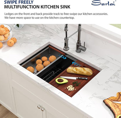 Sarlai 27 Undermount Kitchen Sink Black Stainless Steel - 27x19 Gunmetal Black Stainless Steel Kitchen Sink Undermount Workstataion 16 Guage Single Bowl Deep Sink for Kitchens