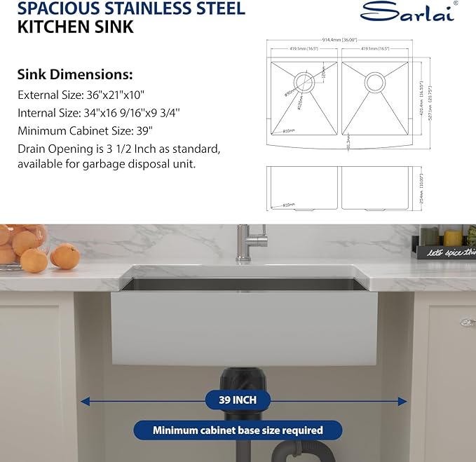 Sarlai 36 Farmhouse Kitchen Sink Stainless Steel Double Bowl - 36 Inch Farm Sink Apron Front Double Bowl 50/50 Stainless Steel 16 Gauge Farmer Kitchen Sinks Basin
