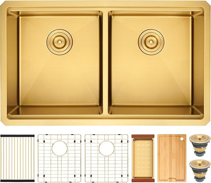 LQS Brushed Gold Kitchen Sink 32 Inch, 16 Guage Stainless Steel Undermount Gold Double Kitchen Sink with Smart Workstation, Luxury Golden Accessories for Modern Kitchen Style