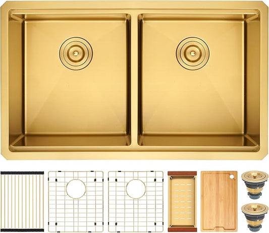 LQS Brushed Gold Kitchen Sink 32 Inch, 16 Guage Stainless Steel Undermount Gold Double Kitchen Sink with Smart Workstation, Luxury Golden Accessories for Modern Kitchen Style