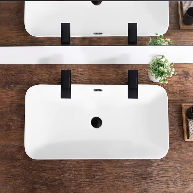 Bathroom Vessel Sink 31.5" X 16.5" Semi Recessed Bathroom Sink Rectangular Drop In Bathroom Sinks with Overflow White Ceramic Vessel Sinks for Bathroom Modern Above Counter Basin Vanity Sink