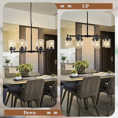 Sucolite 33.5'' 8-Light Chandelier for Dining Room Kitchen Island, Modern Farmhouse Pendant Lighting with Glass Shades Industrial Black Hanging Ceiling Light Fixture for Living Room, Height Adjustable