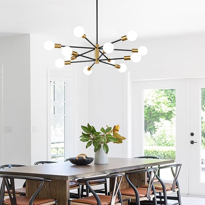 33" Modern Chandelier Ceiling Light Fixture, 12-Light Sputnik Chandeliers Brushed Gold and Black Mid Century Chandelier Over Table, Height Adjustable Chandeliers for Dining Room Living Room Kitchen