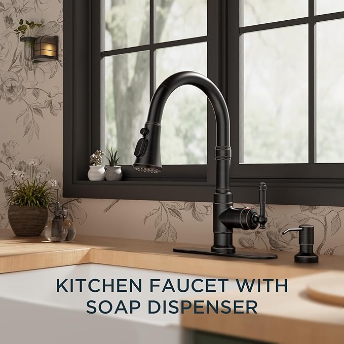 FORIOUS Vintage Kitchen Faucet with Soap Dispenser and Pull Down Sprayer, High Arc Single Handle Stainless Steel Classic Sink Faucet for Farmhouse Camper Rv Bar, Fit for 1 or 3 Hole, Oil Rubbed Bronze