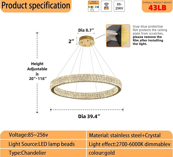 Modern LED Dimmable Crystal Chandelier 39.4" Ring Pendant Light Adjustable Gold Round Crystal Chandelier Light Fixtures for Dining Room Living Room
