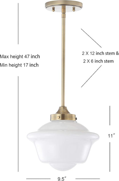 JONATHAN Y 9.5" Brass Gold/White Modern Schoolhouse LED Pendant Light Fixture, Adjustable Drop Metal Hanging Lamp with White Glass Shade for Kitchen Island, Dining Room, Foyer (JYL3517A)