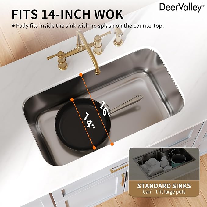 DeerValley 32 Inch Undermount Kitchen Sink 18 Gauge Stainless Steel Kitchen Sink Spacious Single Bowl Sinks with Basket Strainer Curved Shape Round Corner Deep Sinks for Modern Kitchens