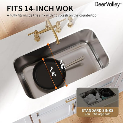 DeerValley 32 Inch Undermount Kitchen Sink 18 Gauge Stainless Steel Kitchen Sink Spacious Single Bowl Sinks with Basket Strainer Curved Shape Round Corner Deep Sinks for Modern Kitchens
