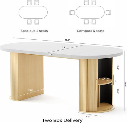 IRONCK 71" Oval Dining Table for 4-6 with Hidden Storage, Modern Farmhouse Kitchen Table with Fluted Semi-Cylindrical Legs, Faux Quartz Top for Dining Room, Kitchen, Living Room & Home Office (Oak)