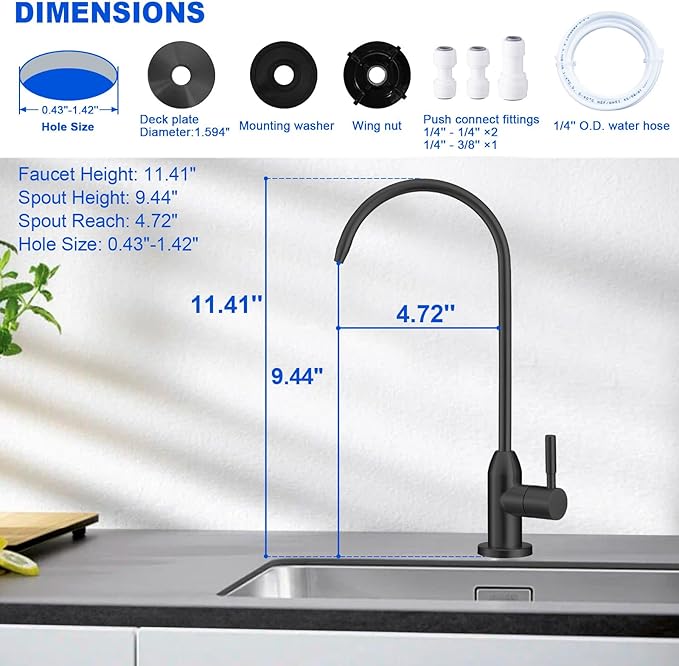 Drinking Water Faucet - Long Thread Stem Filtered Water Tap for Thick Countertop,Lead-Free RO Faucet with Hose and Push Connect Fittings(Matte Black)