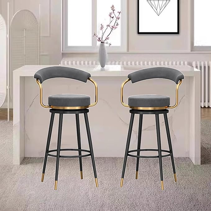 Swivel stools 1PC, Velvet Upholstered Stools with Hollow Back, Metal Chair Legs & Footrest for Kitchen Island Dining Room Pub Home, Seat Height 65cm, Black (Grey Seat Height 65cm)
