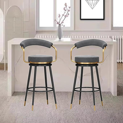 Swivel stools 1PC, Velvet Upholstered Stools with Hollow Back, Metal Chair Legs & Footrest for Kitchen Island Dining Room Pub Home, Seat Height 65cm, Black (Grey Seat Height 65cm)