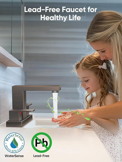 Cobbe Bathroom Faucets for Sink 3 Hole, Oil Rubbed Bronze Bathroom Sink Faucet Square 4 Inch Centerset with Pop-Up Drain, 2 Handle and 2 Supply Hoses, Lead-Free Stainless Steel for Vanity Rv
