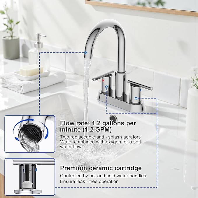 Hurran 4 Inch Bathroom Faucet for Sink 3 Hole, Chrome Bathroom Faucet with Pop-up Drain and 2 Supply Hoses,Stainless Steel Lead-Free 2-Handle Centerset Faucet for Sink Vanity RV