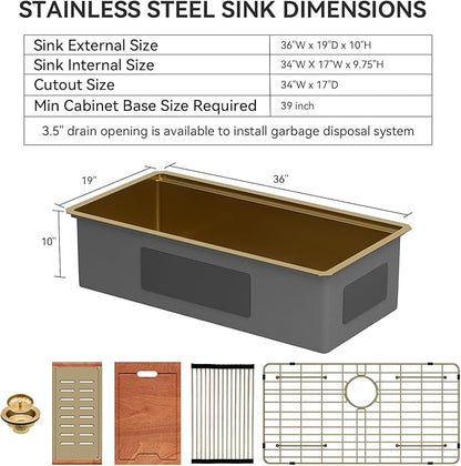 Lordear Gold Undermount Kitchen Sink 36" x 19" Stainless Steel Sinks 16 Gauge Single Bowl Ledge Workstation Handmade Under Counter Kitchen Sink Basin with Built-In Accessories