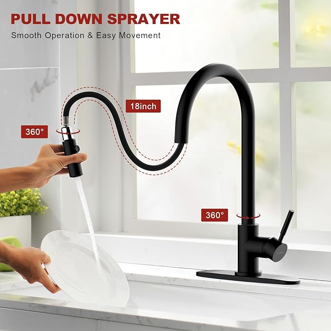 Kitchen Faucet with Pull Down Sprayer 17 Inch Tall Single Handle High Arc Kitchen Sink Faucet for Classic with Deck Plate, Matte Black