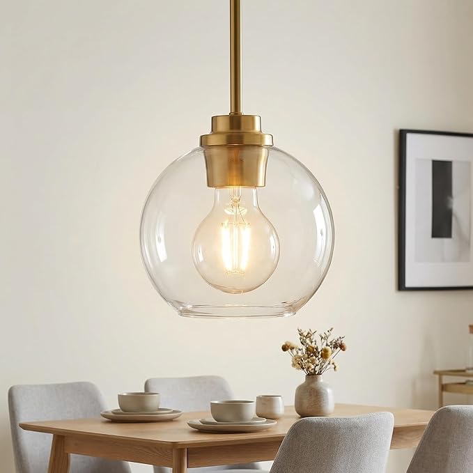 Gold Pendant Light, 7 Inch Clear Glass Farmhouse Hanging Fixture, Adjustable Height & Sloped Ceiling Compatible for Kitchen Island Dining Room Entryway Bedroom Hallway, 2 Pack