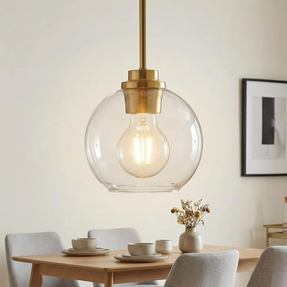 Gold Pendant Light, 7 Inch Clear Glass Farmhouse Hanging Fixture, Adjustable Height & Sloped Ceiling Compatible for Kitchen Island Dining Room Entryway Bedroom Hallway, 2 Pack