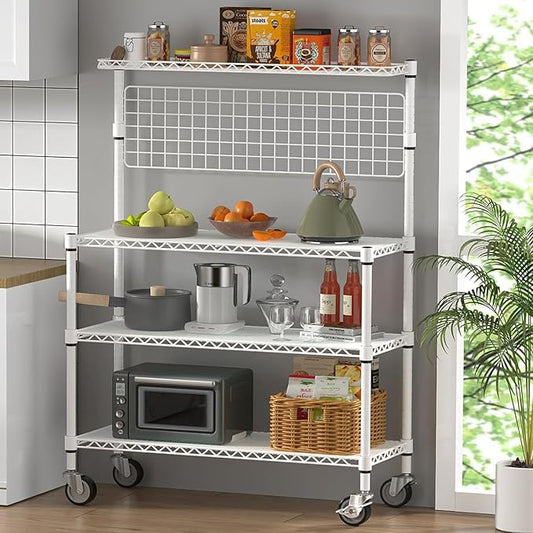 Leteuke 42 Inch Bakers Rack with Wheels, 4-Tier Microwave Stand Kitchen Shelves, NSF Certified Kitchen Storage Cart, Heavy Duty Utility Cart with 20 Hooks & Shelf Liners, 42× 18× 63 Inch, White