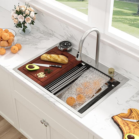 Sarlai 28 Inch Waterfall Kitchen Sink Drop In - 28x22 Waterfall Drop Workstation Stainless Steel 16 Gauge Multifunction Single Bowl Smart Top Mount Kitchen Sink with Faucet Combo