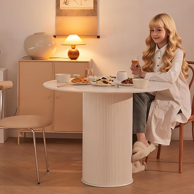 MIXL-Modern Round Kitchen Table, White Dinner Table with Cylinder Stable Pedestal,31.50 Inches Kitchen Tables for 2-3 People, Small Circle Dining Tables for Dining Room, Kitchen, Restaurant