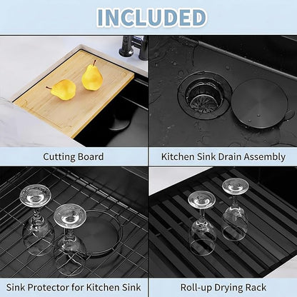 Black Undermount Kitchen Sink,16 Guage 304S Stainless Steel Workstation Sinks with Full Set Accessories, 30" x 18" x 10" Large and Deep Single Bowl Kitchen Sink