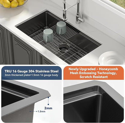 Lordear 33 Black Kitchen Sink Undermount Honeycomb Nano Finish 16 Gauge T304 Stainless Steel Single Bowl Workstation Sink with Cutting Boards Handmade