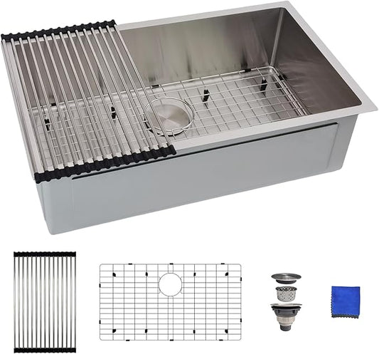 30 Inch Undermount Kitchen Sink - Delironexu 16G Stainless Steel Undermount Sink, 30''x18'' Deep Single Bowl Kitchen Sinks with 4 Accessories