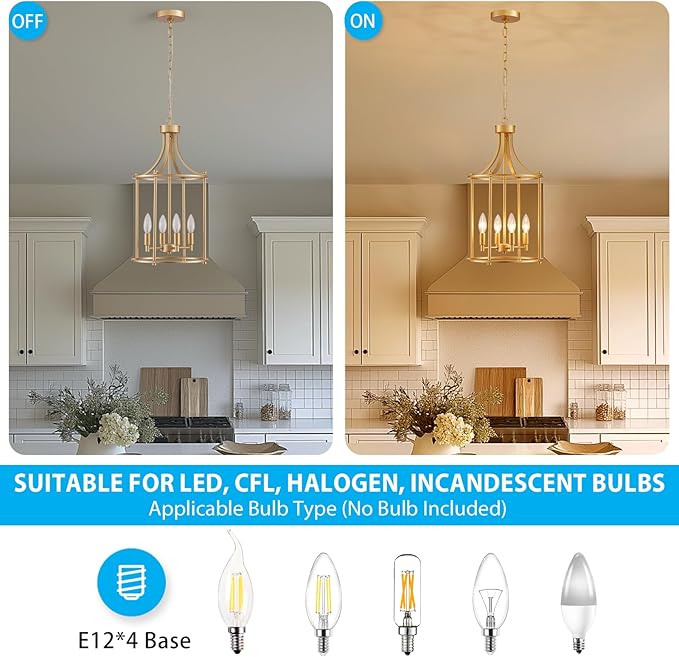XINGQI Gold Chandeliers for Dining Room,4 Light Hanging Lantern Pendant Light Fixture Metal Farmhouse Geometric Chandelier Cage Pendant for Kitchen Island Entryway Living Room