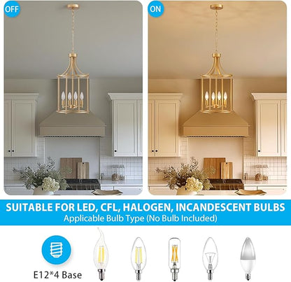 XINGQI Gold Chandeliers for Dining Room,4 Light Hanging Lantern Pendant Light Fixture Metal Farmhouse Geometric Chandelier Cage Pendant for Kitchen Island Entryway Living Room