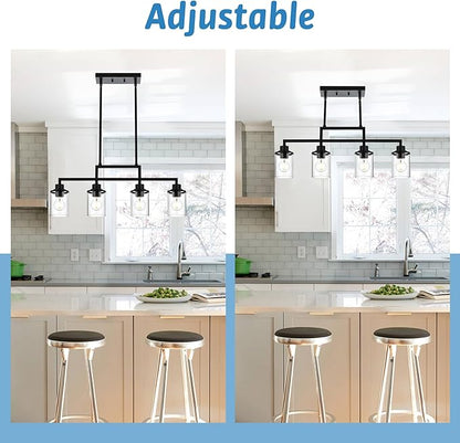 4-Light Dining Room Light Fixture, Linear Kitchen Island Lighting Black Chandelier Farmhouse Pendant Lighting for Kitchen Island Dining Table Living Room, Height Adjustable