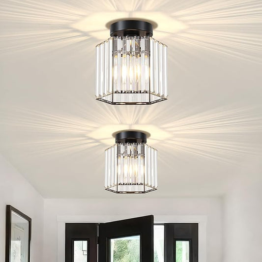 TOULMJ 2 Pack Crystal Semi Flush Mount Ceiling Light, Hallway Light Fixture Modern Black Kitchen Lighting Fixtures Close to Ceiling Lights for Bathroom Entryway Bedroom Foyer Laundry Room