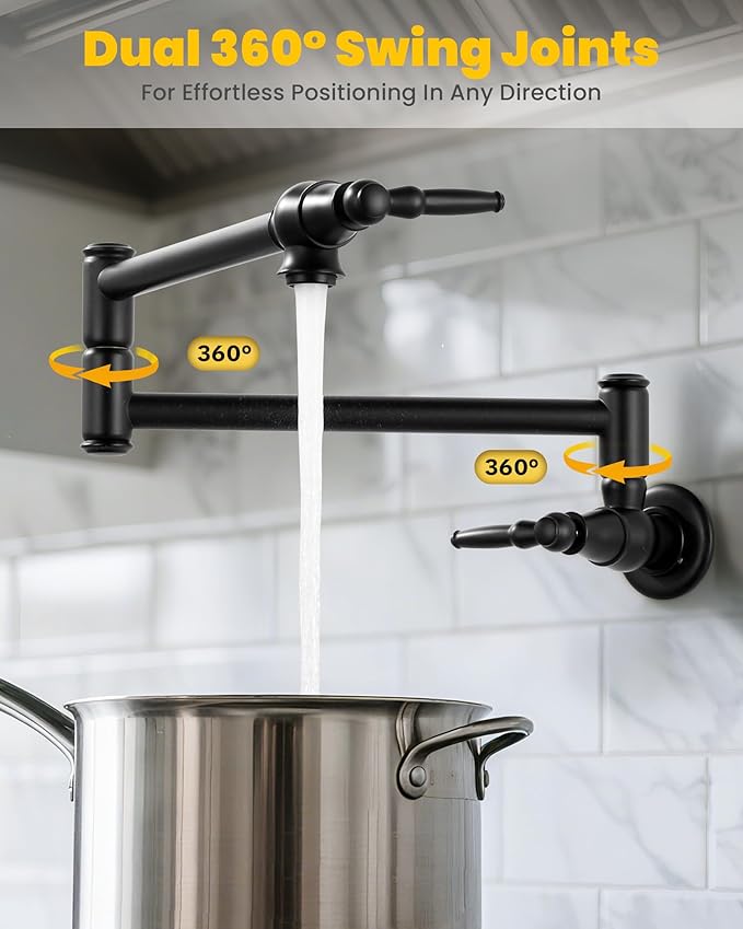 Pot Filler Faucet Matte Black: Solid Brass Wall Mount Heavy Duty Stove Pot Filler with Double Joint Swing Arms - Single Hole Commercial Folding Stretchable Faucet 2 Handles for Kitchen Restaurant
