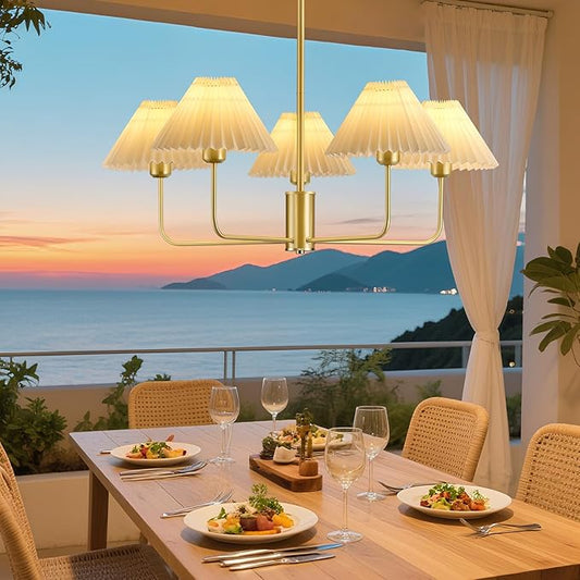 Gold Chandelier Light Fixture, 5-Lights Mid Century Chandelier with Shades for Dining Room Light Fixture, Adjustable Height White Pleated Farmhouse Pendant Light for Bedroom Ceiling Lamp