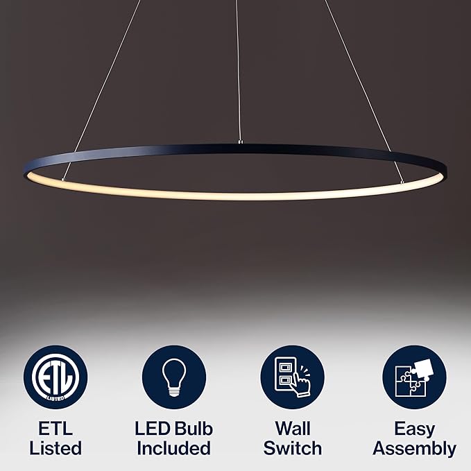 JONATHAN Y 35" Navy Modern Integrated LED Pendant Light, Dimmable Round Hoop Chandelier for Kitchen Island, Dining Room, Adjustable Height Metal Hanging Light (JYL7220F)