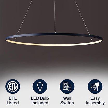 JONATHAN Y 35" Navy Modern Integrated LED Pendant Light, Dimmable Round Hoop Chandelier for Kitchen Island, Dining Room, Adjustable Height Metal Hanging Light (JYL7220F)