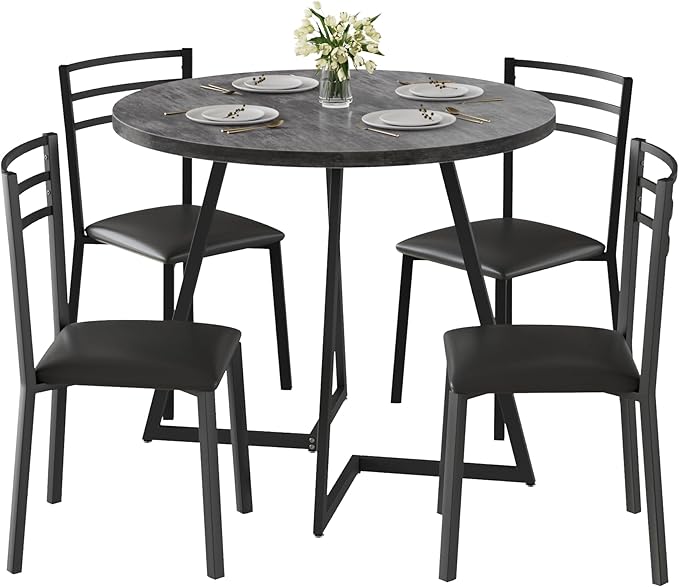 VECELO Round Dining Table Set for 4, Wood Tabletop & Heavy-Duty Steel Frame, 7-Piece Dinette with Chairs for Kitchen, Breakfast Nook, Dark Grey & Black