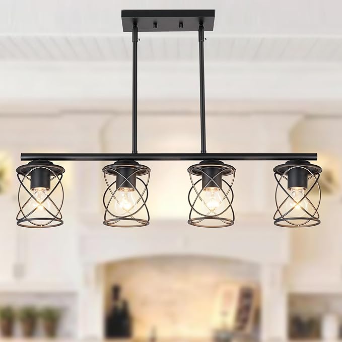 mavcadonf 4-Light UL Certified Farmhouse Linear Pendant Light, Black Metal Adjustable Kitchen Island Light with Sloped Ceiling Compatible, Hanging Light for Dining Room Living Room Foyer